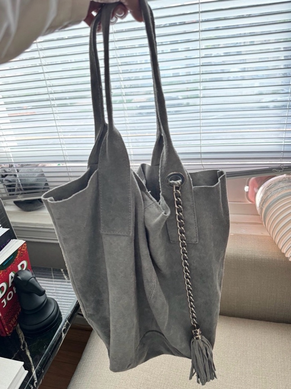 Genuine suede made in Italy slouchy hobo tote bag in silvery grey blue color